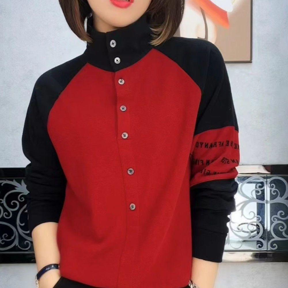 

Autumn new Korean version temperament contrasting bottoming shirt women s foreign style stand-up collar long-sleeved Korean version fashion 3XL червоний