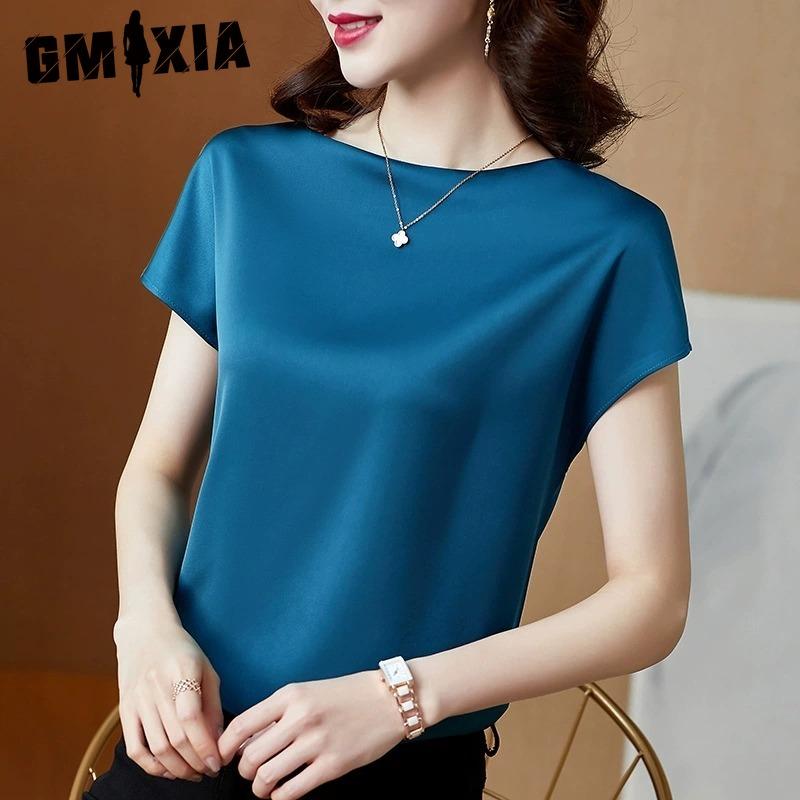GMXIA Women's Fashion Casual Solid Color Print Short Sleeve O Neck Blouses & Shirts