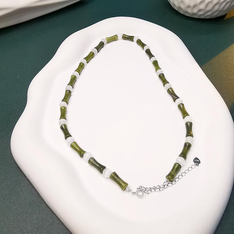 S925 Silver Bamboo-Style Necklace with Natural Olive Jade & Cat's Eye Beads: New Chinese Style for Men & Women