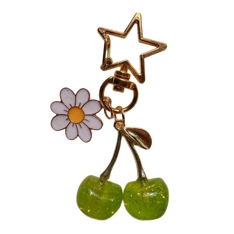 

Cherry Flower Pendant Keychain Fashionable Fruit Shape Key Ring Lightweight Bag Charm for Women Handbag Decoration зелений