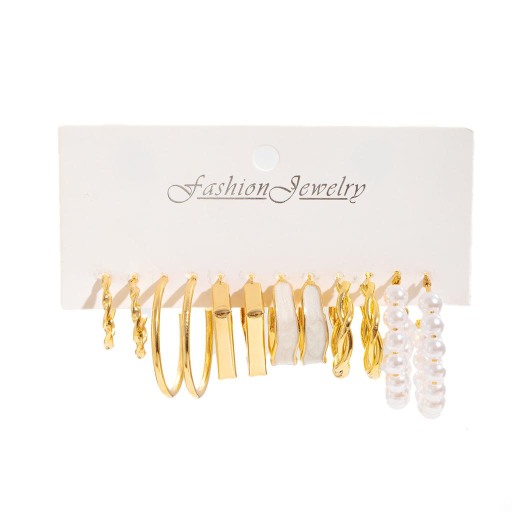 Retro Metal Geometric Personality Simple Retro Pearl Earrings Set Combination 6-Piece Set Women