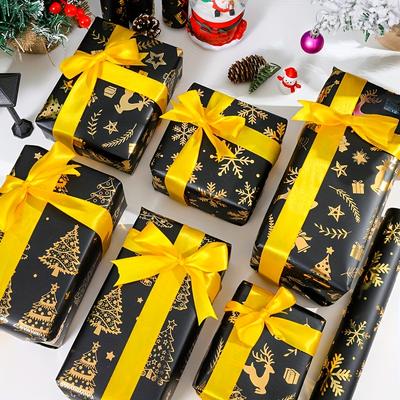 1 Stück Extra-Langes Premium Retro Schwarz & Goldenes Weihnachtspapier mit Goldenen Rentieren, Bäumen, Schneeflocken, Bastelpapier