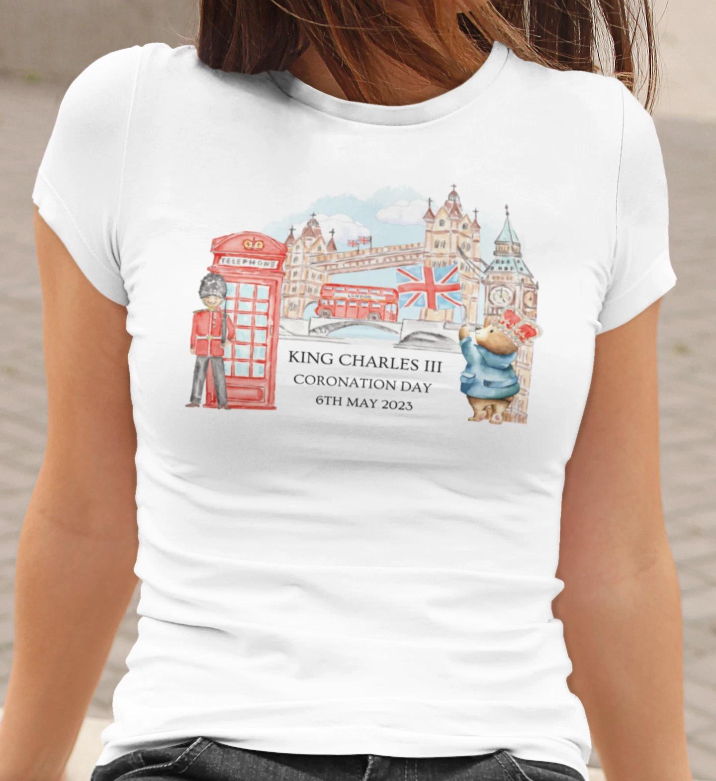 KING CHARLES III CORONATION 2023 BEAR IN LONDON T-shirt UNION JACK ADULTS KIDS XXXL