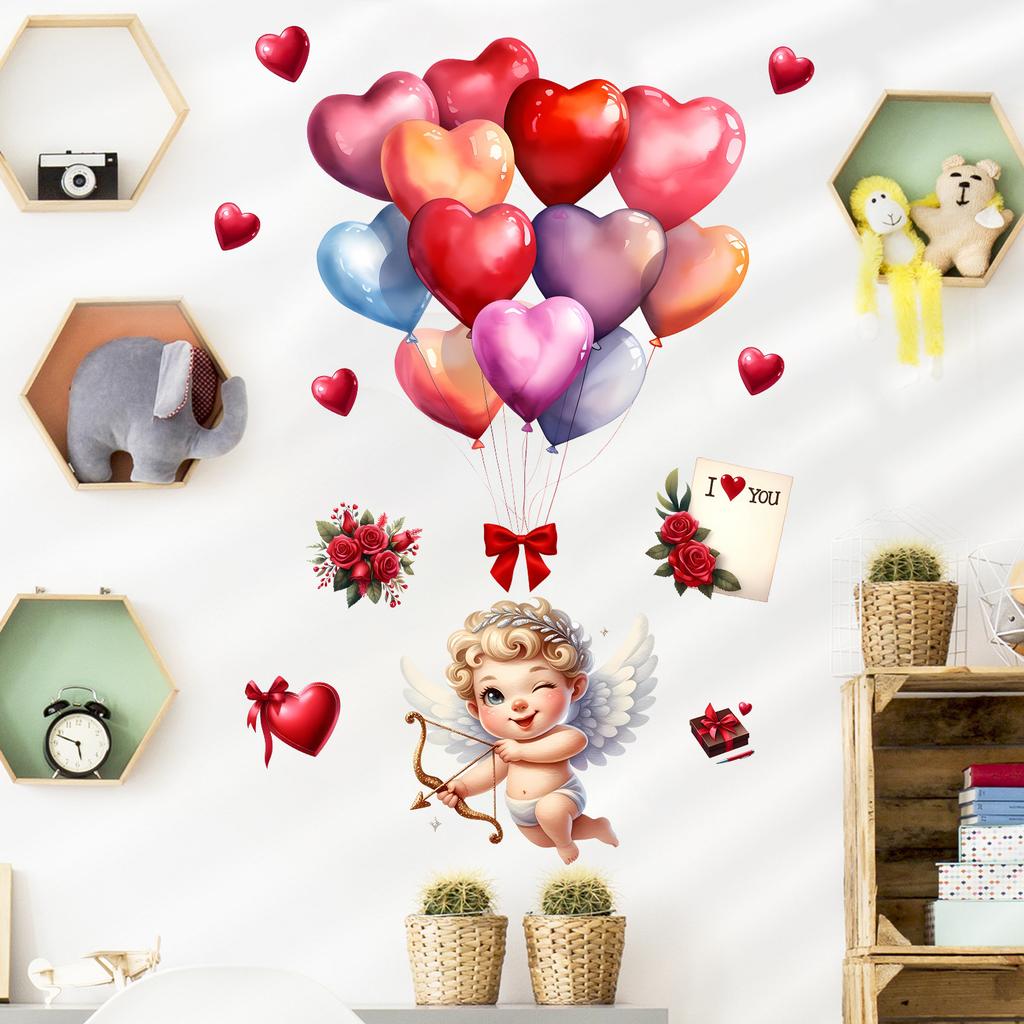 Cupid Love Arrow and Balloons Wall Sticker Self-Adhesive Removable for Living Room Bedroom Valentine Home Decor