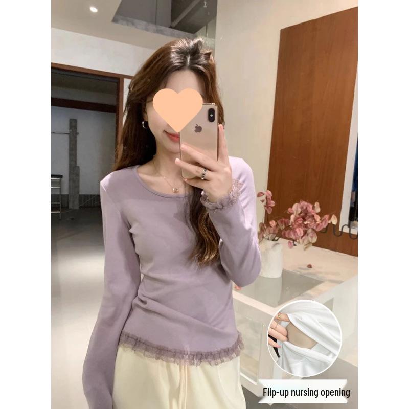 

New Style Long-Sleeved Breastfeeding T-Shirt with Breast Pads, Versatile and Sweet for Postpartum and Nursing. 2XL