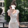 Korean Pure Desire Peach Heart Neck Elastic Short-sleeved T-shirt Women's Summer High-end Gray Spice Girl Slim-fit Short Bottoming Shirt
