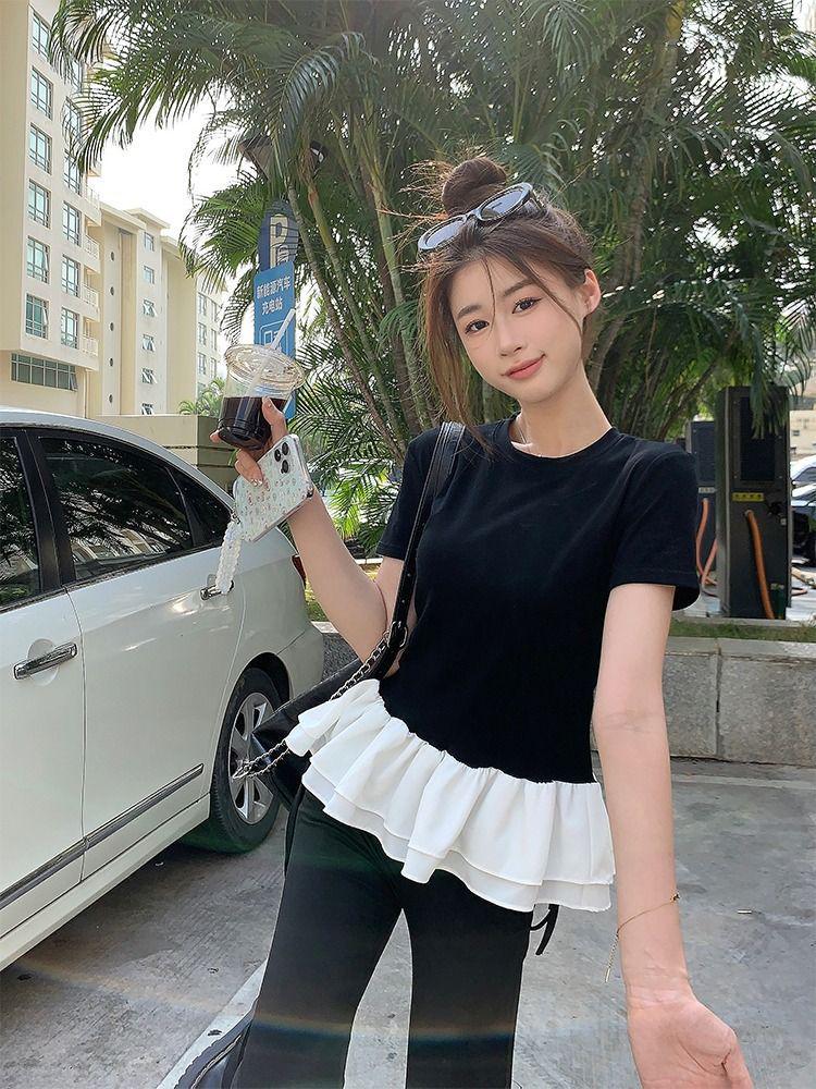 In-Stock Women's Patchwork Lace Puff Sleeve Slim Fit T-Shirt