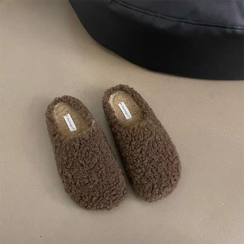 Retro lamb wool plush slippers female 2025 autumn and winter new bag head drag fairy lazy cotton drag one pedal