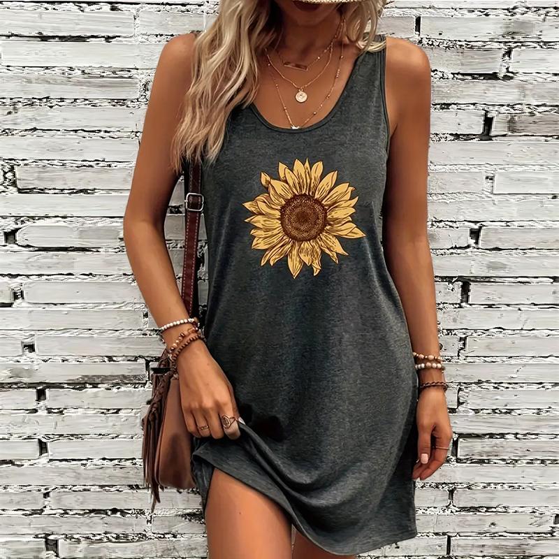 

Женское платье без рукавов с круглым вырезом и принтом подсолнухов, свободное, мягкое и удобное, большого размера M серый