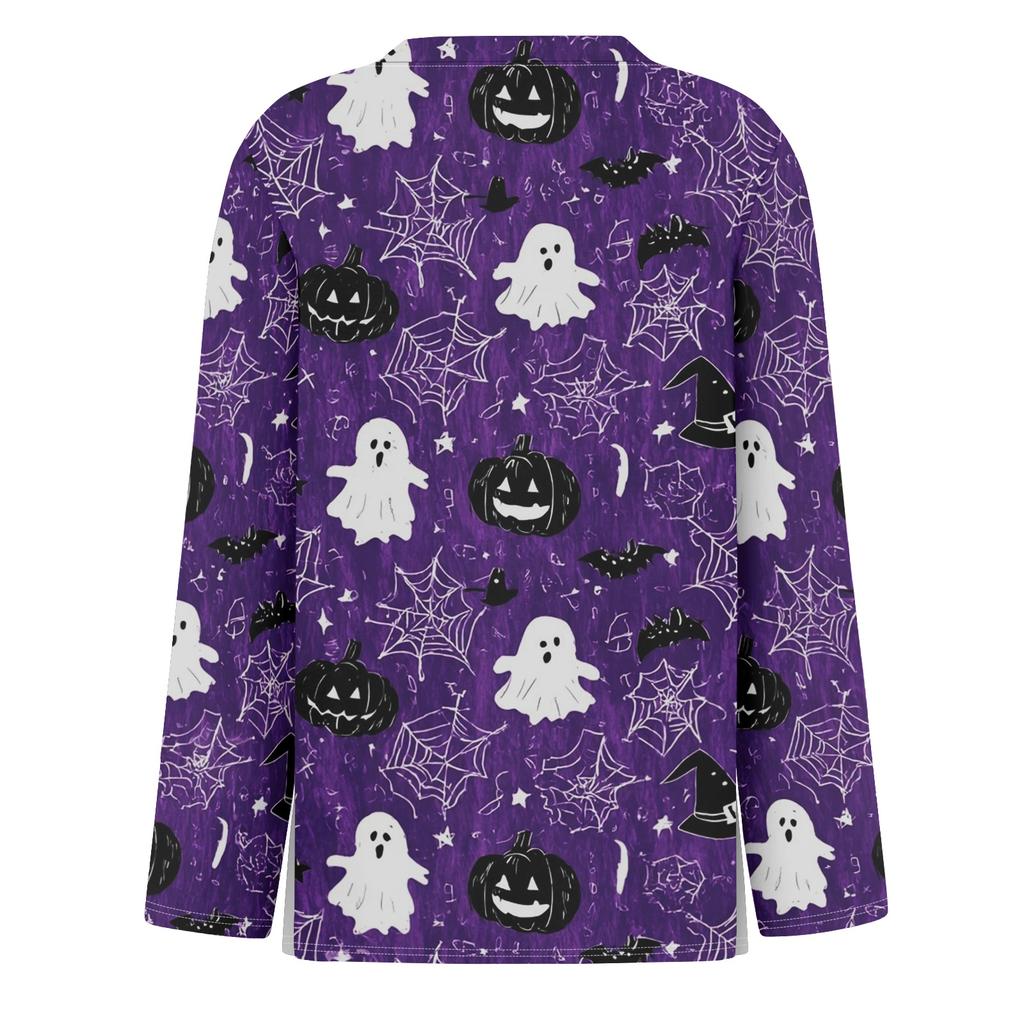 Women's Long Sleeve Halloween Print Top Round Neck Casual Pullover Shirt with Split Hem Lightweight Fabric for Seasonal Wear