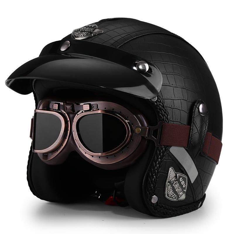 Retro Harley Motorcycle Helmet 555-Black Leather Face Mask Windshield Four Seasons Cruising Motorbike Three Quarters Helmet