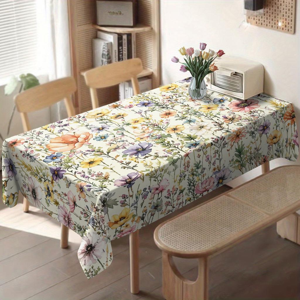 Aquarell-Blumen- und Kolibri-Muster Polyester-Tischdecke - Dekorative Tischabdeckung für Esszimmer zu Hause, Party und täglichen Gebrauch