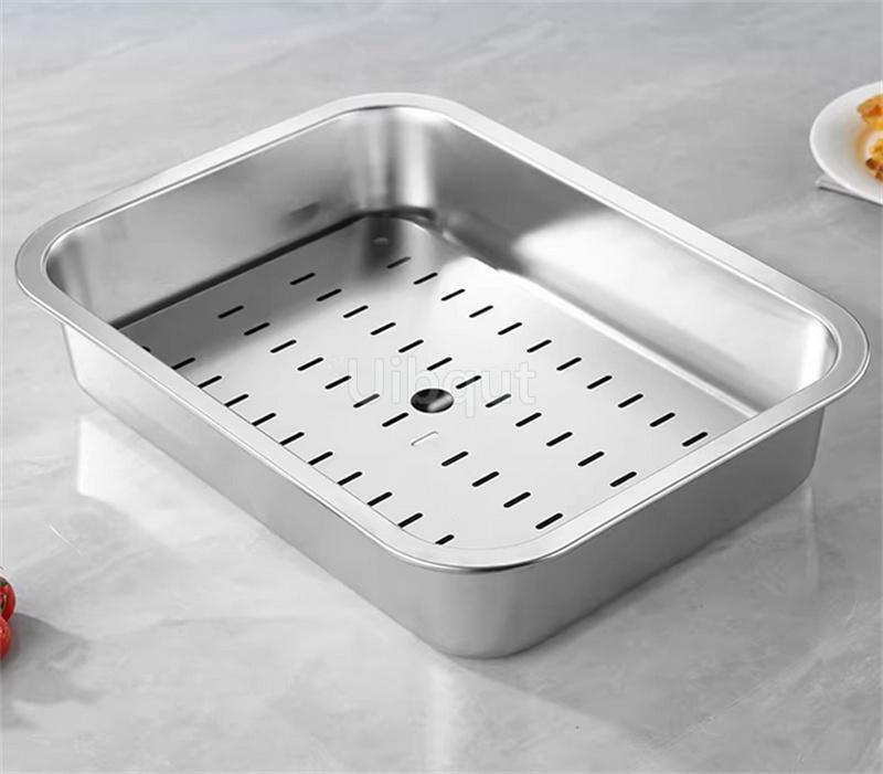 Deep Rectangle Plate Basin with Hole Rack Pallet Stainless Steel Bbq Food Plate with Grid Mesh Dessert Dinner Restaurant Trays
