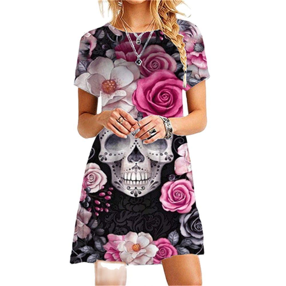 

Летнее тонкое сексуальное женское мини-платье с коротким рукавом Модная женская одежда с круглым вырезом Скелет Однотонное повседневное платье трапециевидной формы L