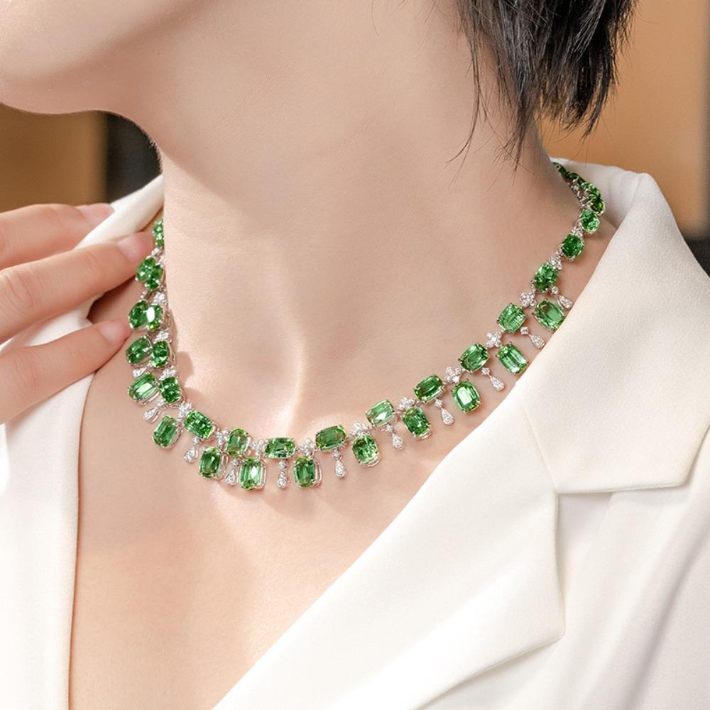 Exquisite Forest Necklace with Micro Pave Diamonds and Simulated Green Tourmaline Gemstones for Women