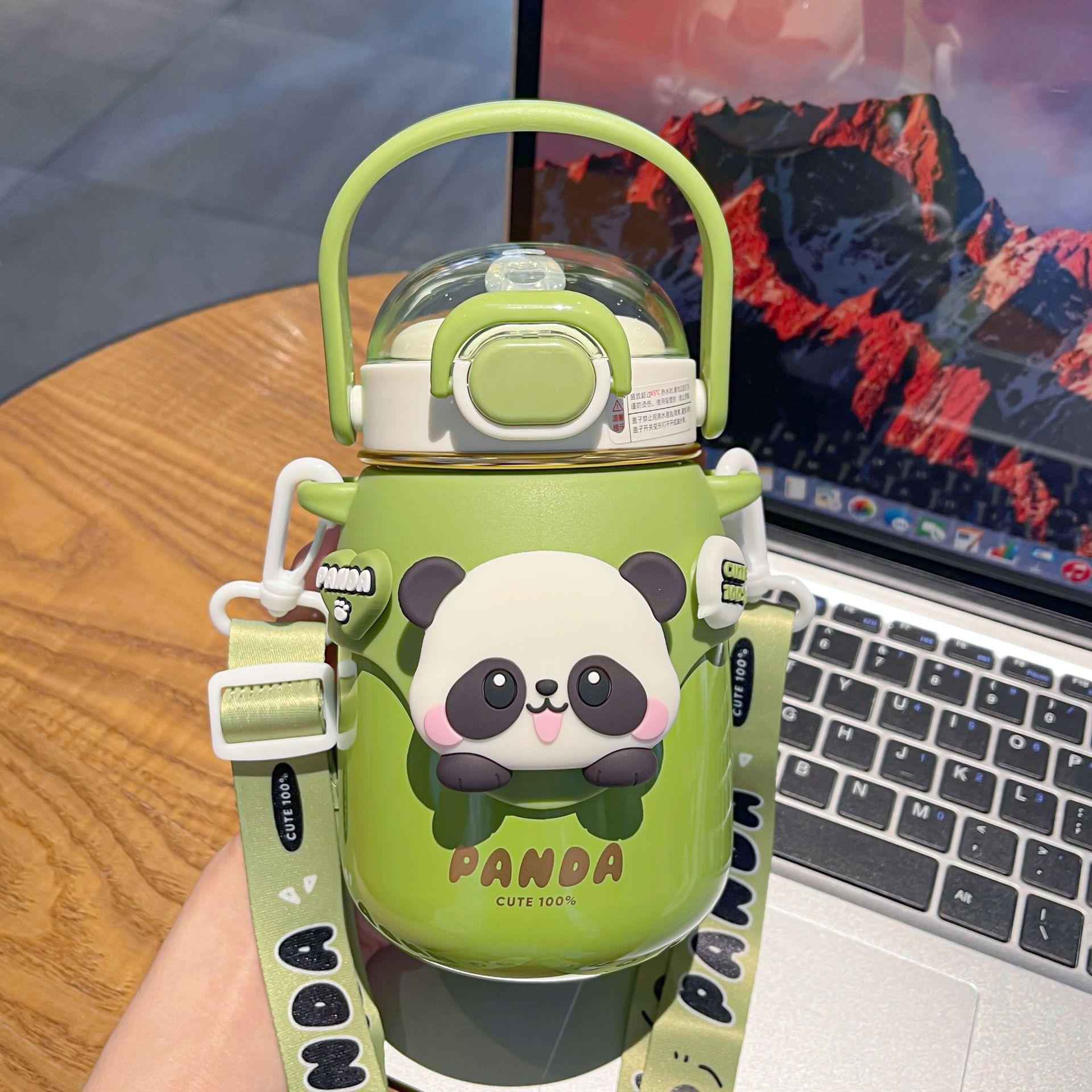 

Insulated Stainless Steel Straw Water Bottle Cup Cute Panda Drinking Bottle With Adjustable Strap Handle For Gym Hiking School Set 0.7L