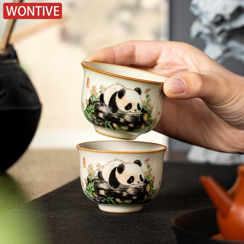 1 Stk. Chinesische Tradition Ru Ofen Keramik Teetasse Handbemalt Niedliche Pandas Teeschale Handgefertigte Teetasse Exquisites Haushalts-Teeset