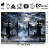 2D Foggy Night Cemetery Gate Backdrop with Full Moon and Spooky Mansion Background