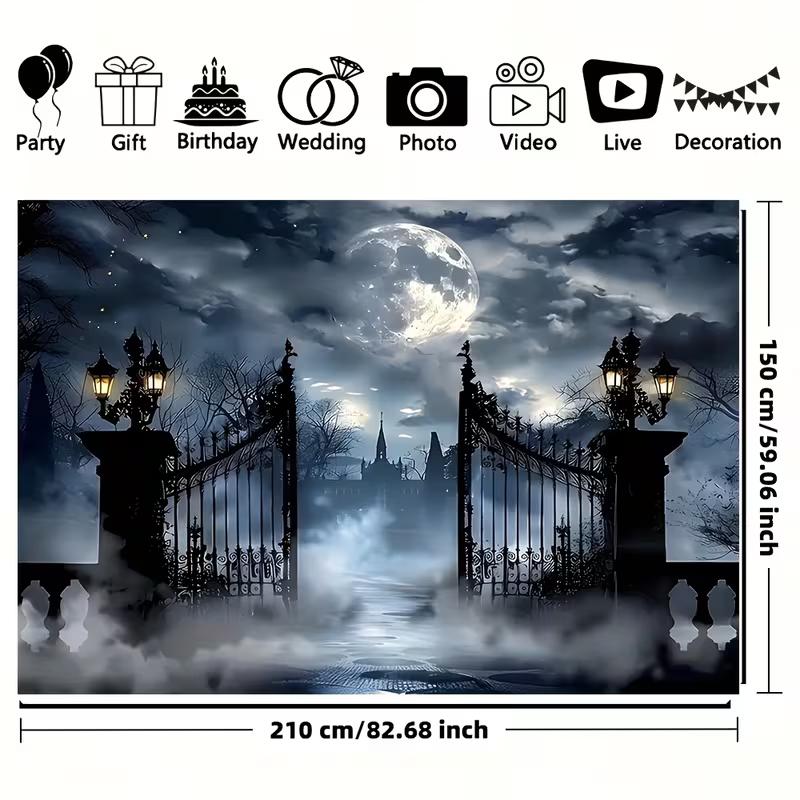 2D Foggy Night Cemetery Gate Backdrop with Full Moon and Spooky Mansion Background