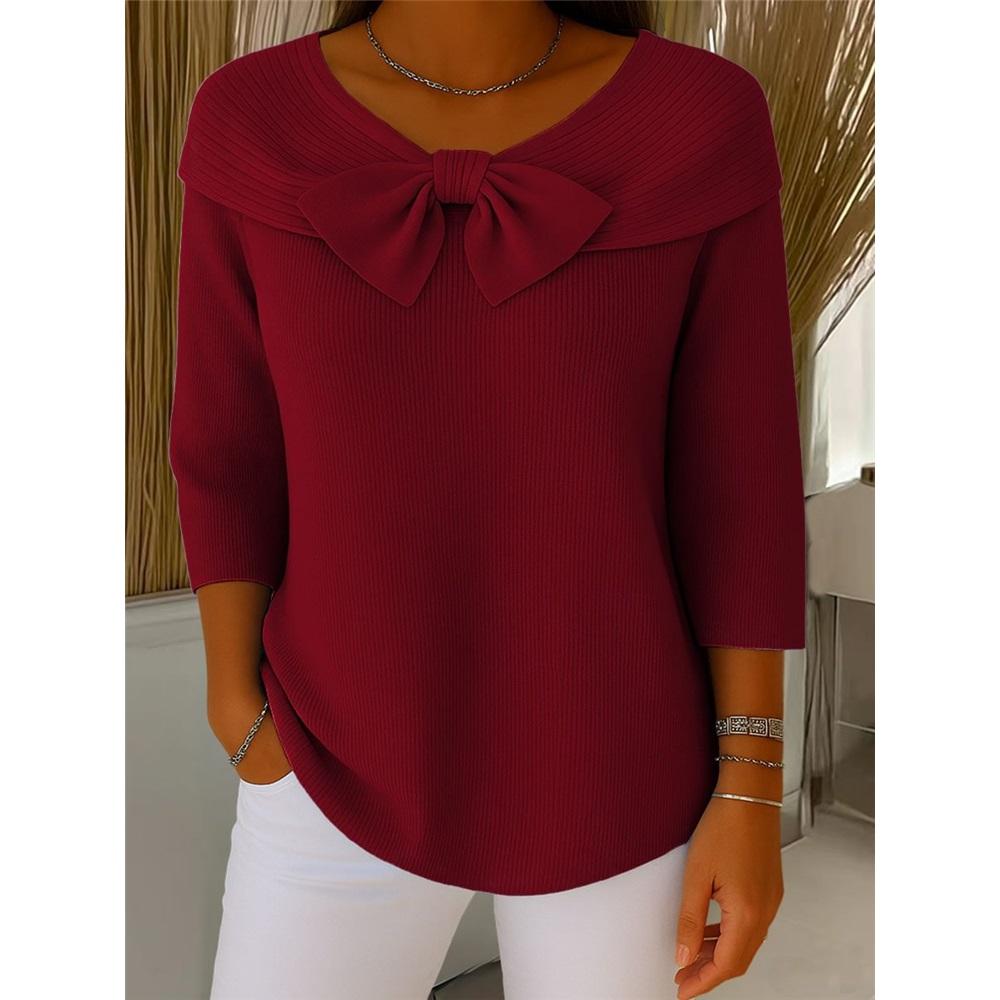 Women's Solid-Color Long-Sleeve Knit Sweater with Bow—Casual, Loose-Fitting, Basic Style