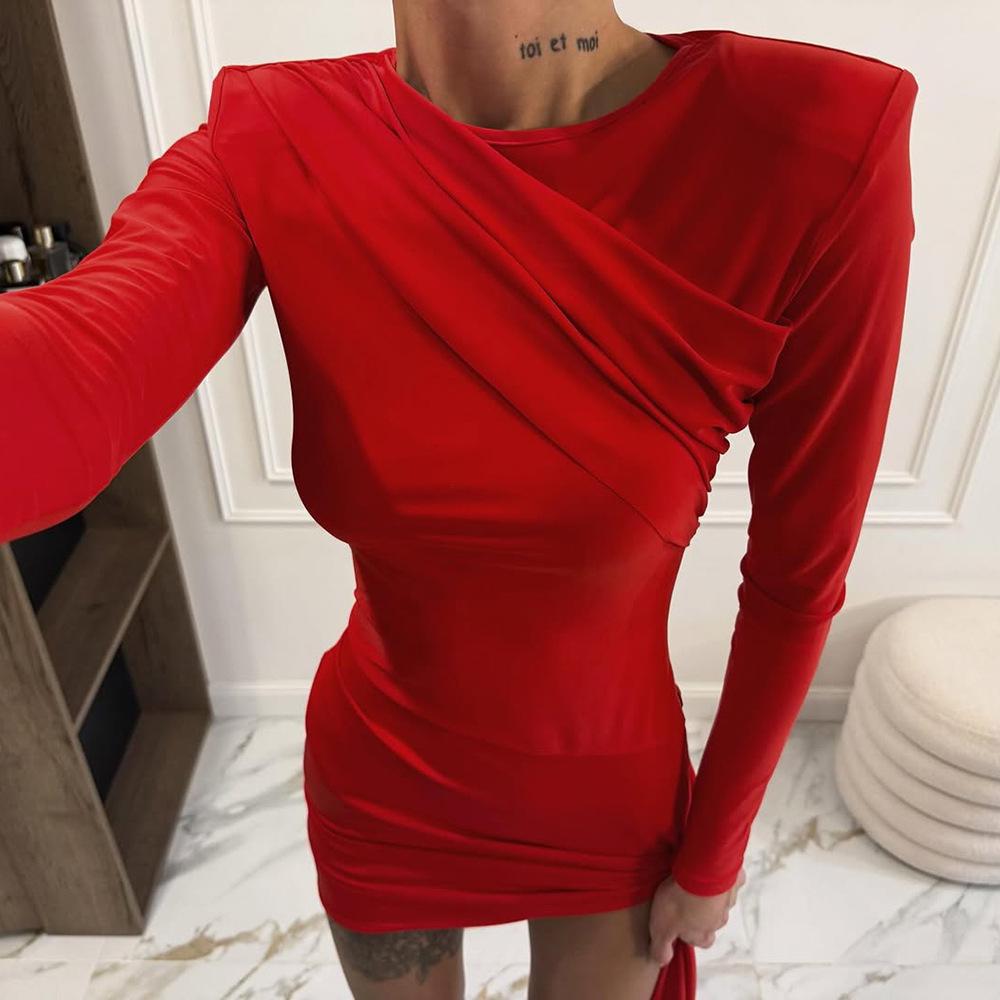 

Elegant Solid Color Round Neck Dress - Waist-cinching, Hip-hugging Style for Women Small красный