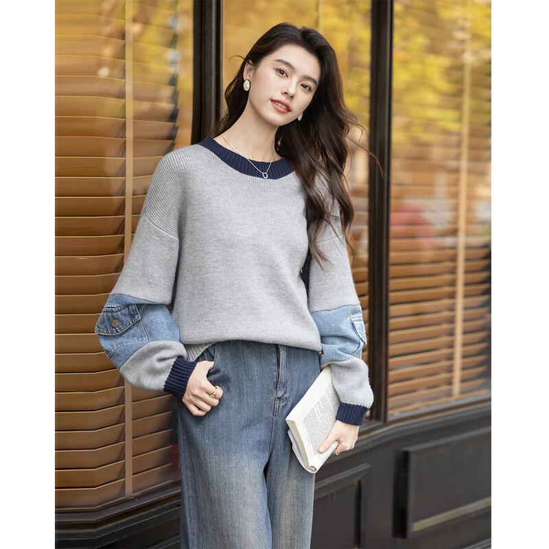 

ITISF4 Urban Casual Patchwork Denim Sleeve Sweater One Size