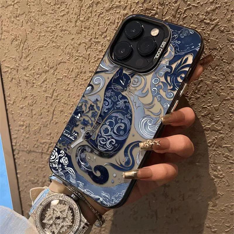 Electroplate Silver IMD Phone Case for IPhone 16 15 14 13 PRO MAX 11 12 13 PRO X XS XR 7 8 Plus Cute Blue and White Cat Cover