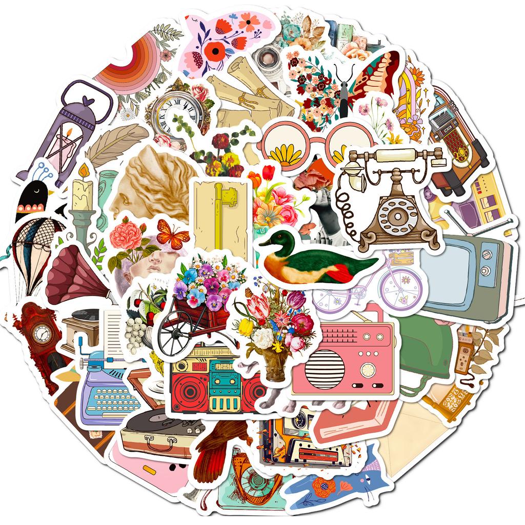 50 Retro Aesthetic Stickers European and American Brown Boho Aesthetic Literary Pattern Stickers