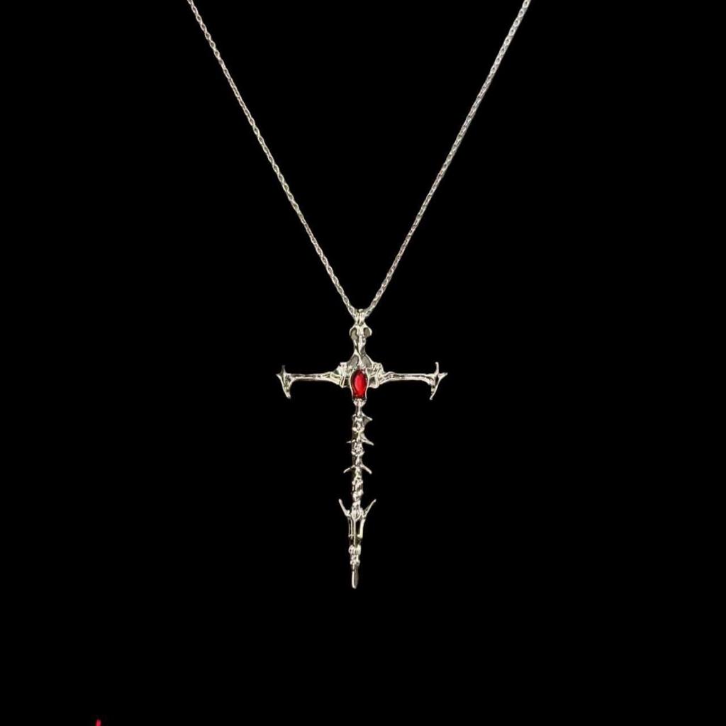 Punk Retro Inlay Red Rhinestone Sliver Color Stainless Steel Thorn Cross Sword Pendant Necklace for Women Fashion Jewelry Gift