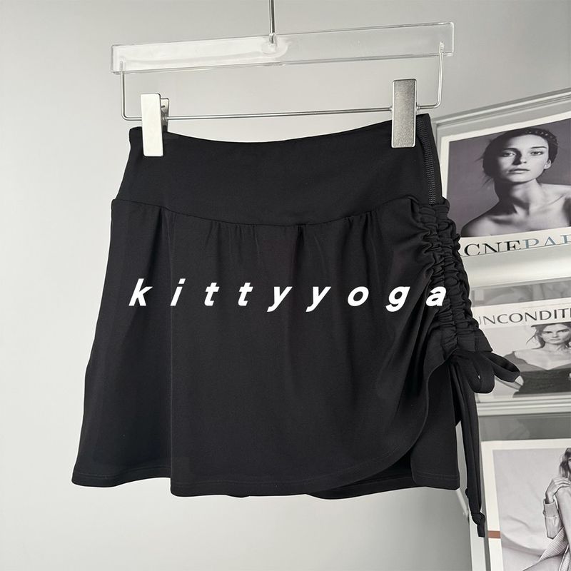 

Spring and Summer New Tennis Skirt Golf Nude Feel Fake Two-Piece Fashion Tape Sports Short Skirt Drawstring Workout Slimming Training Black M