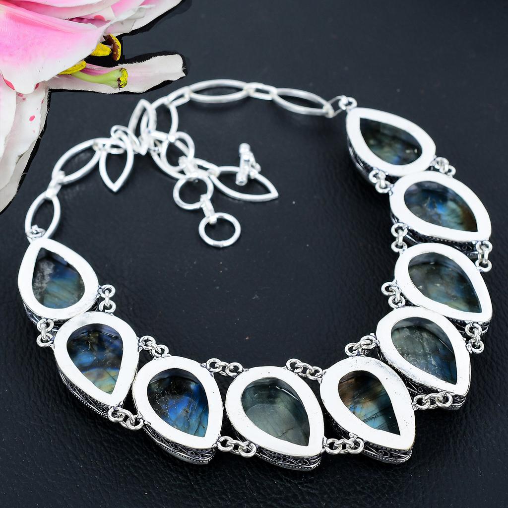 Labradorite Gemstone Handmade 925 Sterling Silver Jewelry Necklace 18" KG-1628