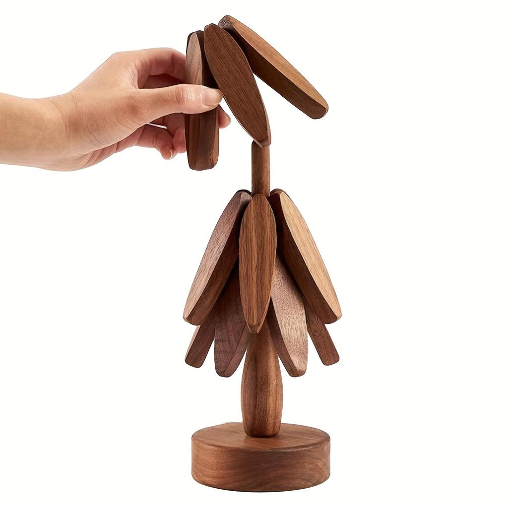4PCS Wooden Trivets for Hot Dishes Folding Tree Shape Black Walnut Table Mat Holders Heat Insulated Pad Set Coasters for Pots