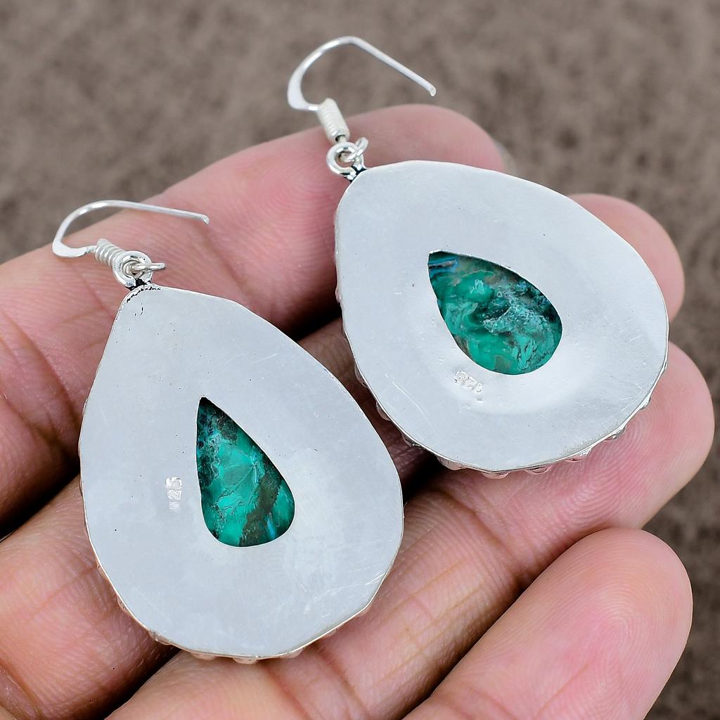 Chrysocolla Malachite Gemstone 925 Sterling Silver Jewelry Earring 2.25" KKG-707