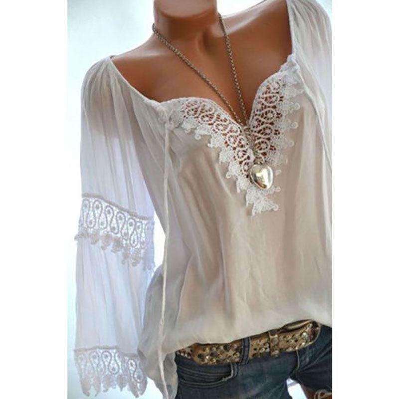 

V Sexy Women Neck Long Sleeve Lace Up Shirt Casual Blouse Top Lady Loose Shirt T M
