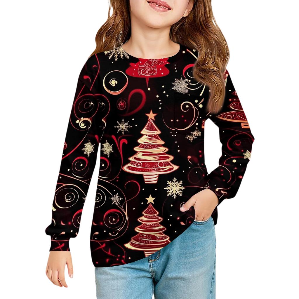 Christmas Day Girls' Long Sleeve Blouse - Round Neck Soft Waist Tunic
