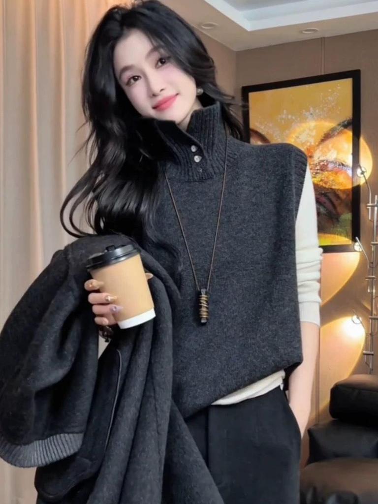 Women's High Neck Sleeveless Knit Vest - French Lazy Style, Autumn/Winter Base Layer