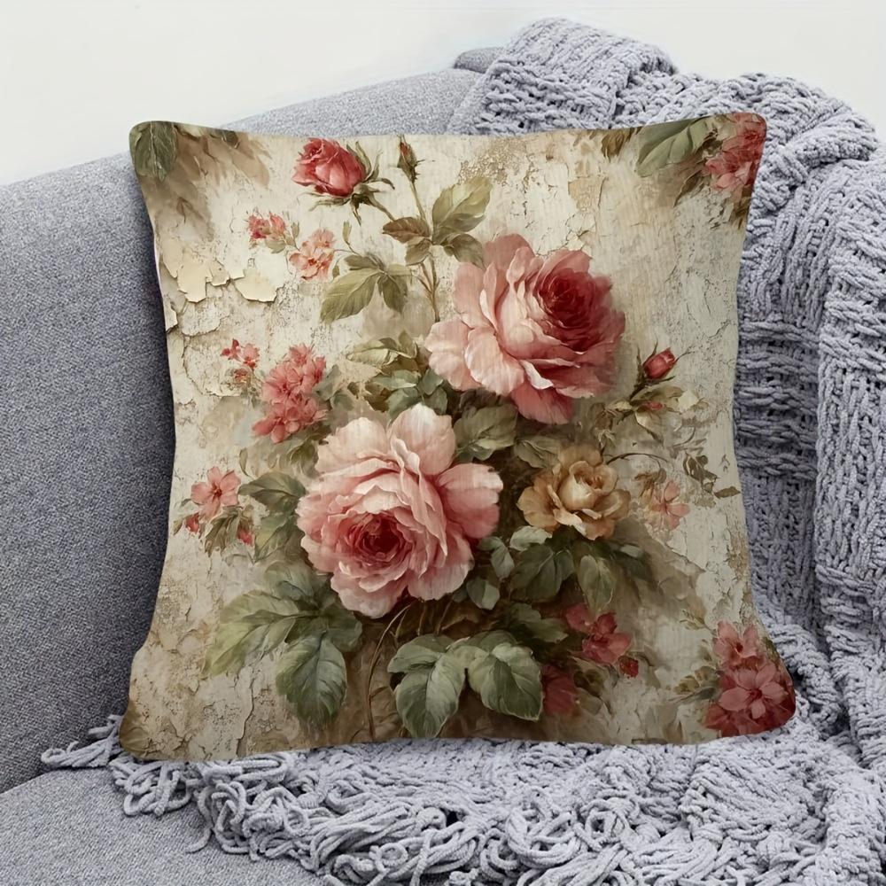 1pc Pillowcase, Vintage Pink Rose Pattern Pillowcase, Soft and Comfortable Polyester Short Plush Fabric, Single-Sided Print, Pillow Insert Not Include
