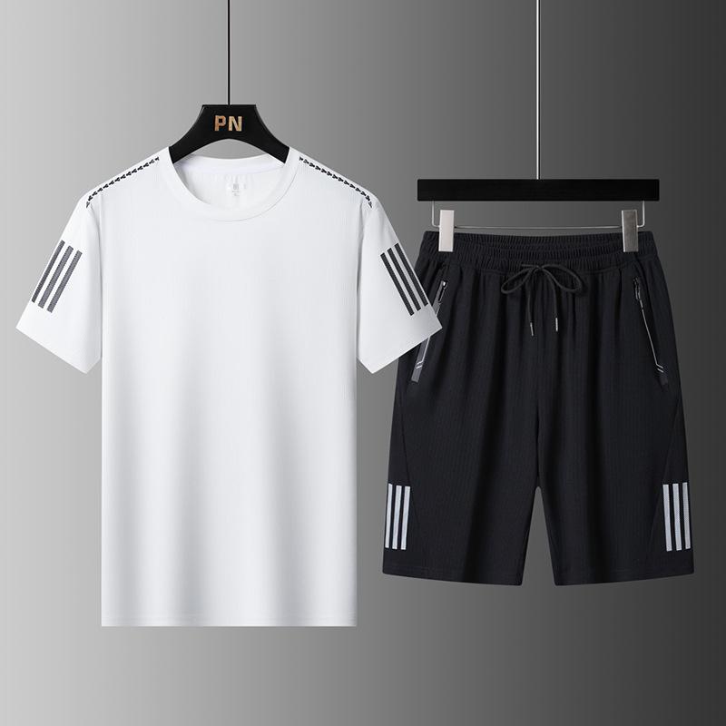 Summer Three Bars Men's Ice Silk Round Neck Short Sleeved Shorts Set Quick Drying Sports Running Set Men's