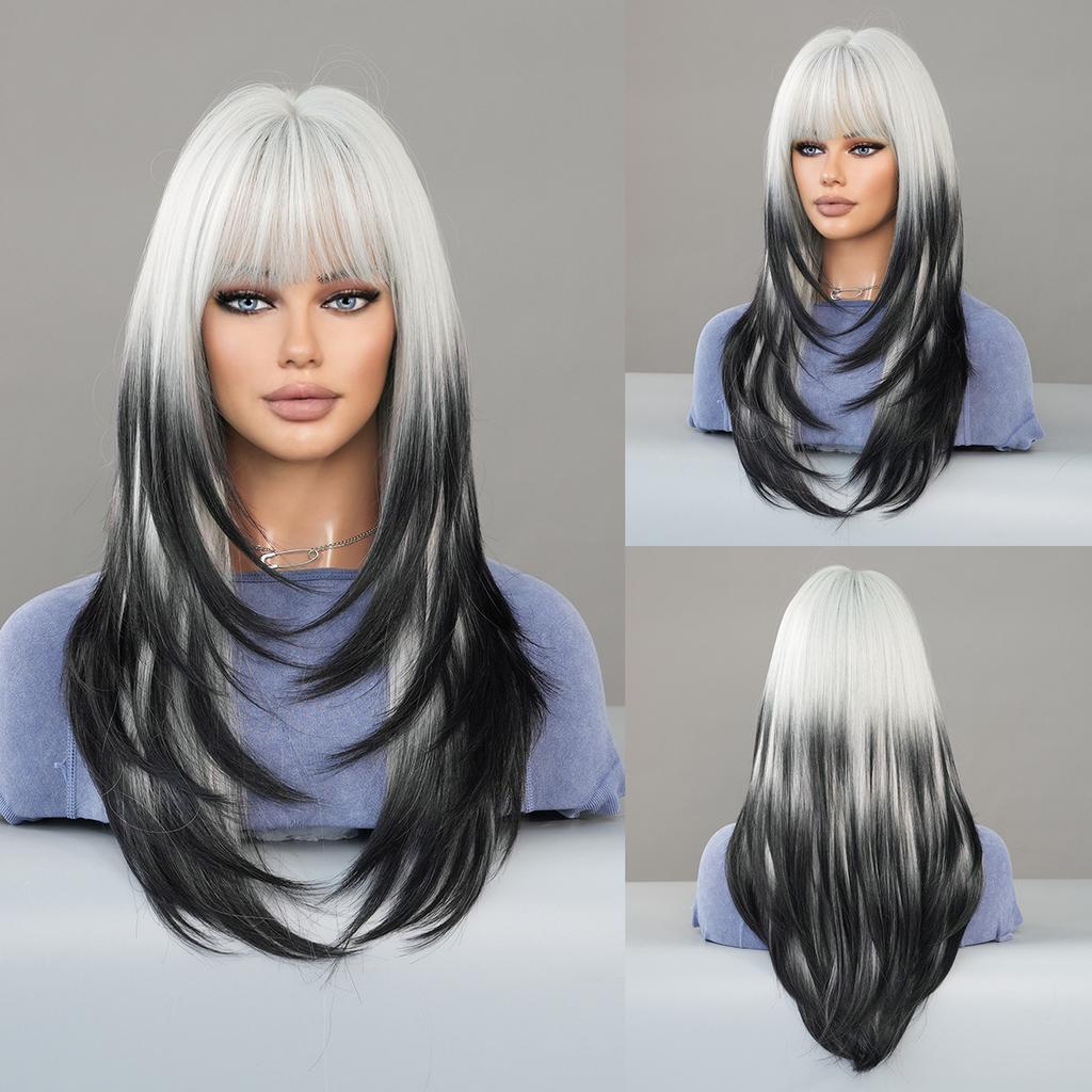 European and American Style Women's Party Wig Vanilla Green Long Straight Wig Layered Synthetic Full Wig