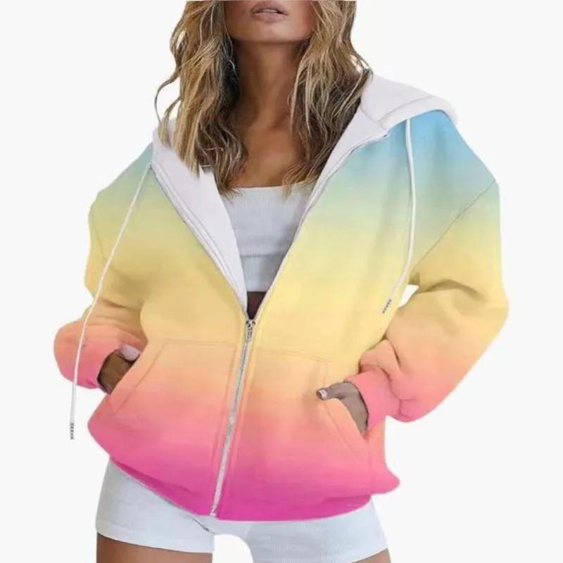Sweat à capuche zippé manches longues décontracté pour femme Nouveaux hauts automne Dégradé Impression 3D Lâche Mode Sweat à capuche de sport Manteau femme