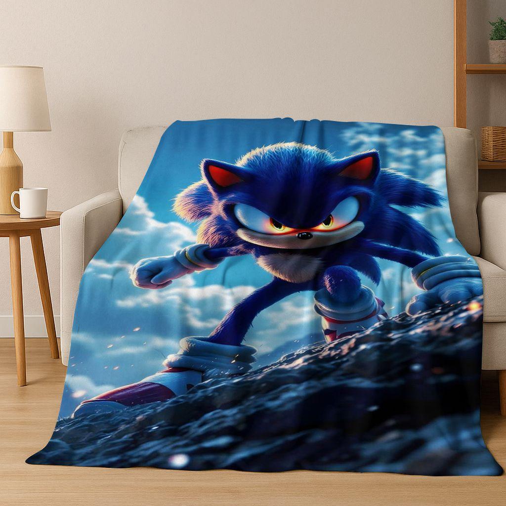 

3D S-Sonic Cartoon Hedgehog Game Flannel Blanket Soft Warm Throw Blanket for Bed Bedroom Living Room Travel Picnic Gift Kids 75x90cm