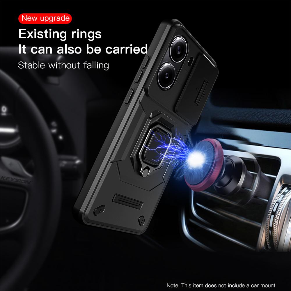 KEYSION Shockproof Armor Case for Xiaomi POCO X7 Pro Slide Camera Lens Protection Ring Stand Phone Back Cover for Redmi Turbo 4