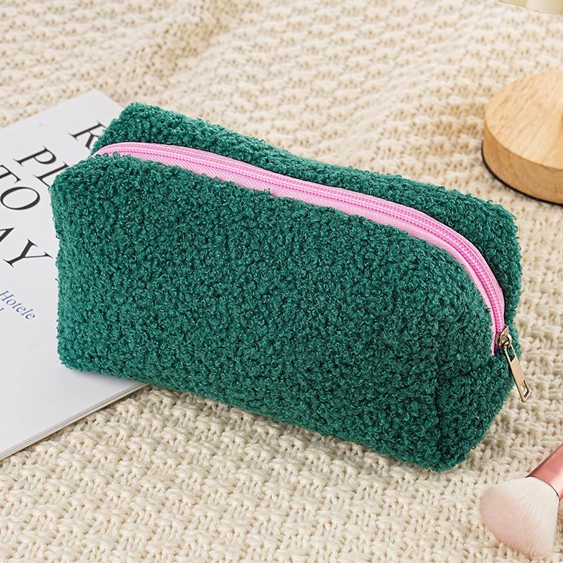 Cute Zipper Plush Large Solid Color Cosmetic Bag Makeup Bag for Women Travel Make Up Toiletry Bag Washing Pouch Pen Pouch