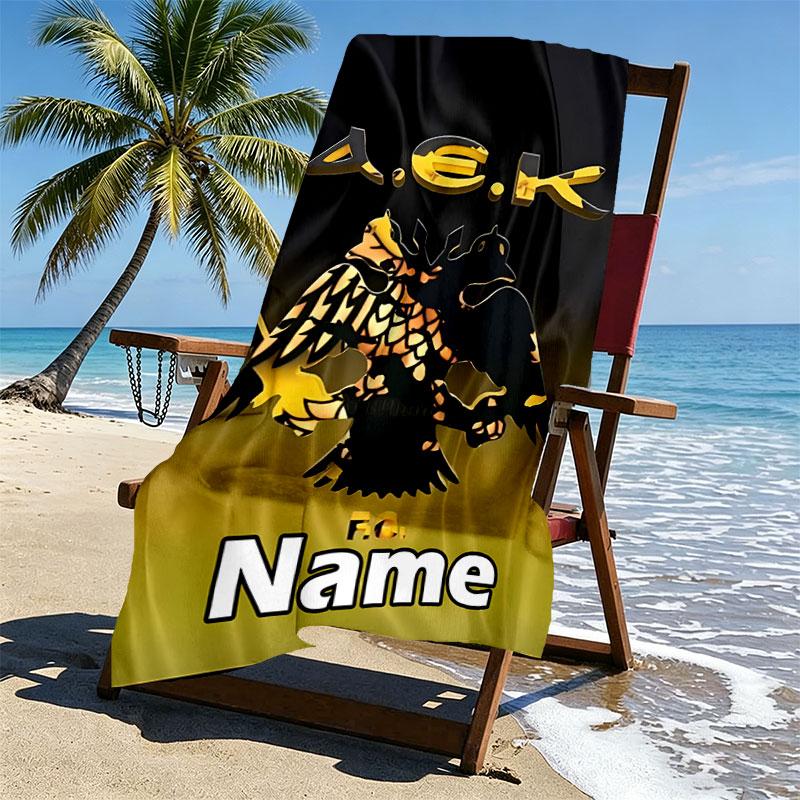 Custom Name Personalized AEK Athens FC Print Beach Towel, for Trip Camping Beach Party Home Decor, Birthday Gift for Family & Friends