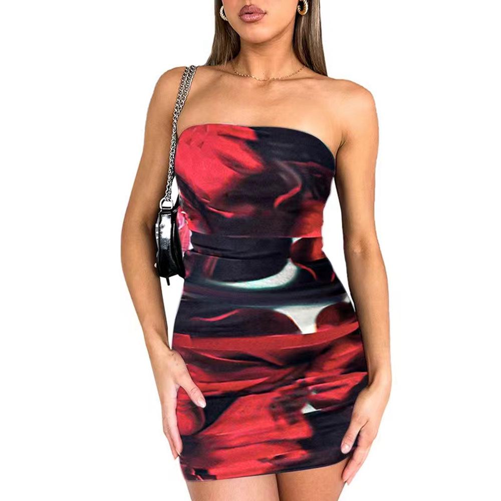 2024 Summer Women s Strapless Printed Waist-Cinching Pleated Dress Medium