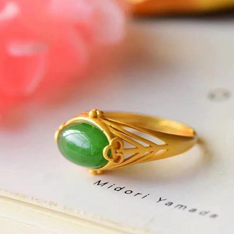 Natural Hetian Jasper Opening Adjustable Rings for Women Chinese Style Retro Unique Ancient Gold Craft Charm Brand Jewelry