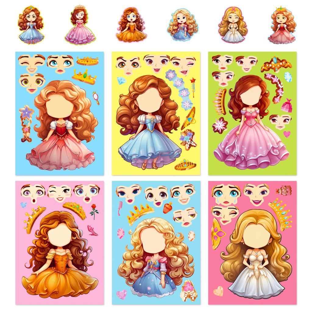 6 Sheets DIY Puzzle Stickers Princess Mermaid Face Changing Fun Jigsaw Assembly Stickers Kids Toys Birthday Gifts for Girls