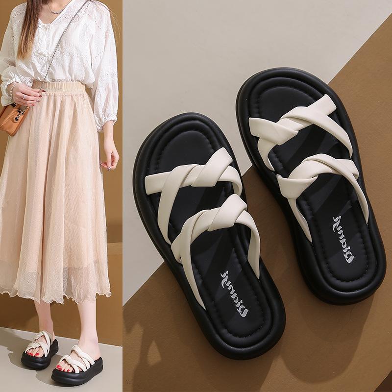 

Stepping on shit feeling thick-bottomed muffin slippers women s summer new fashion cross-strapped high-heeled one-word cool slippers 35 чёрный