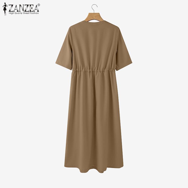 ZANZEA Women Casual V-Neck Half Sleeve Solid Color Loose Long Dress