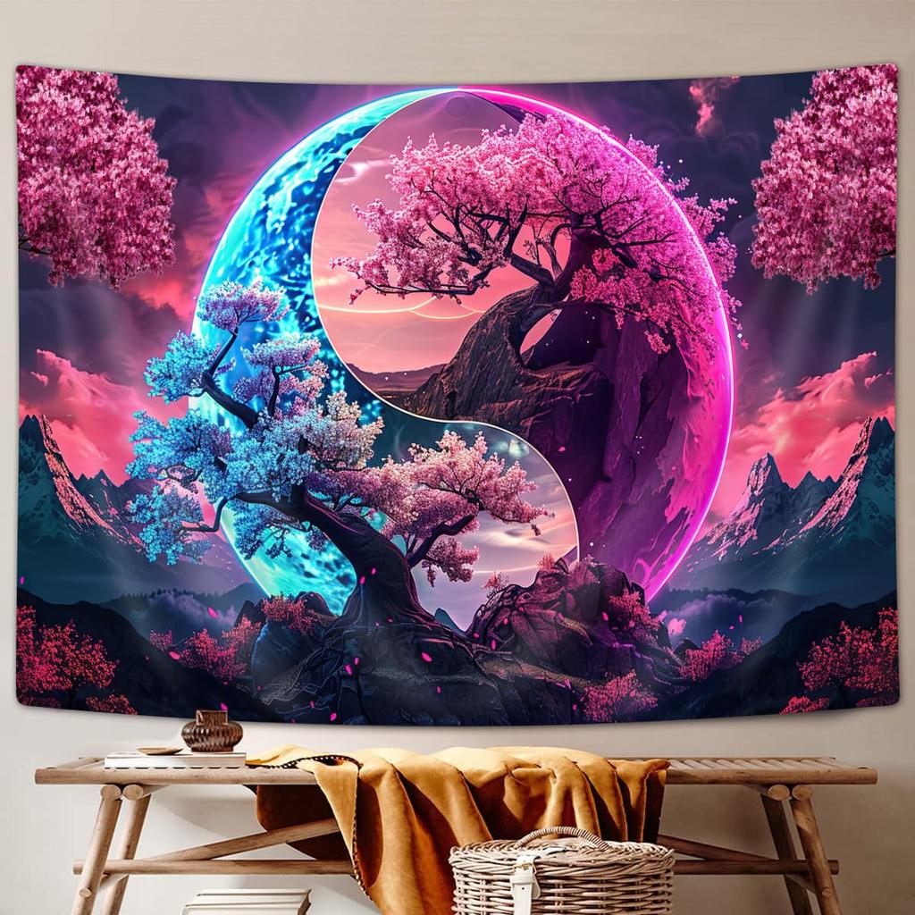 VIKAMA YinYang Cherry Blossom Tree Tapestry Cyberpunk Fantasy Tapestry Bedroom Living Room Dormitory Wall Hanging Home Decor